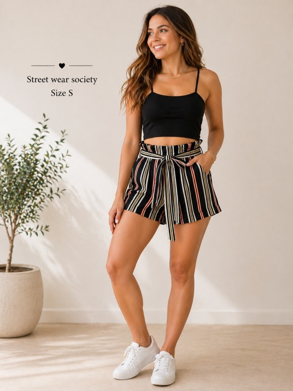 STREET WEAR SOCIETY women striped tie front shorts casual summer chic size S